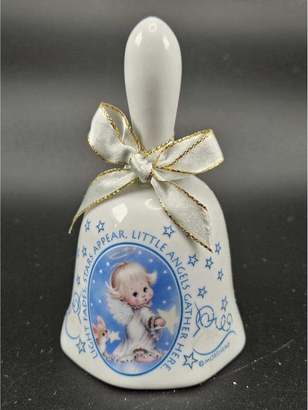 Vintage Morehead Angel Bell "Little Angels Gather Here" Ornament Blue Bow Stars